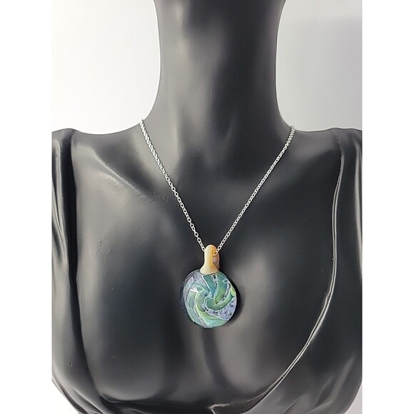 Vintage Handcrafted Art Glass Pendant Necklace Swirl Design in Blue Green Aqua - Picture 5 of 14